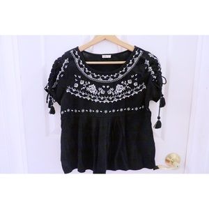 Black Boho Peasant Top Blouse